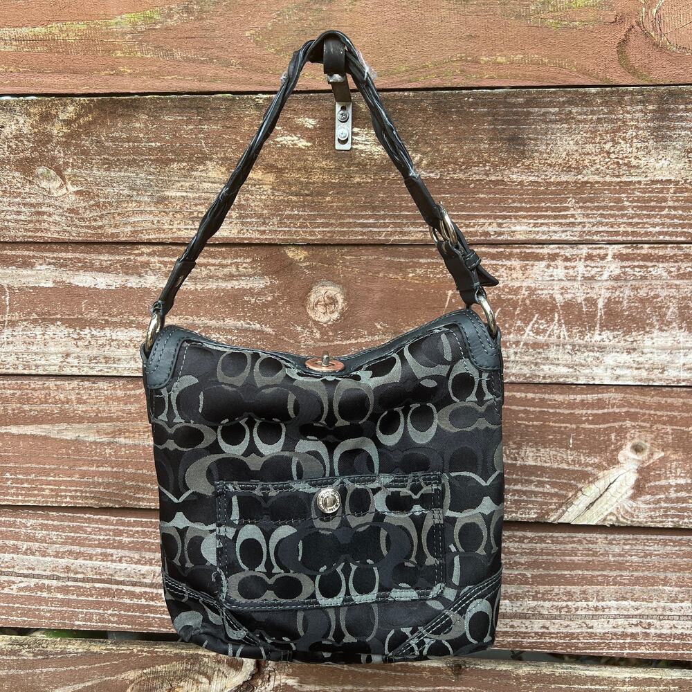 Coach Signature C Jacquard Shoulder Bag Black Gray Woven Strap Turnlock